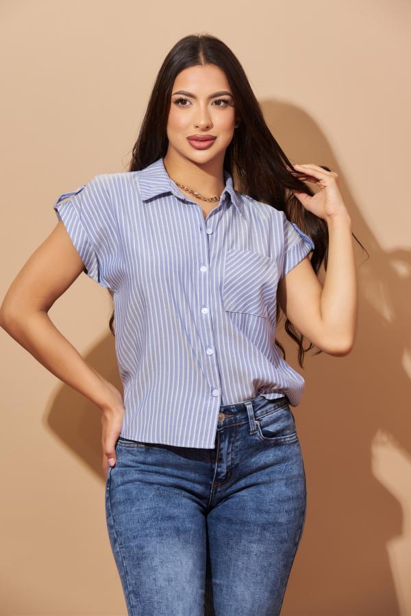 BLUSA CELESTE/ RAYAS BLANCAS RHINO MEDIUM
